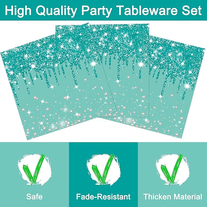 96 Pcs Blue Green Silver Birthday Party Plates Napkins Forks Supplies Tableware Set Disposable Paper Glitter Theme Decoration for Kids, Serves 24 Guests