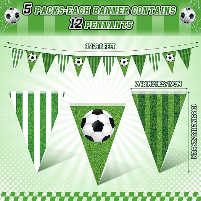 Faccito 5 Pack Green Soccer Banners Soccer Party Decorations Sports Champion Paper Pennants Green Hanging Triangle Flags Garland Bunting for Sports Game Fans Outdoor Indoor Birthday Party Supplies