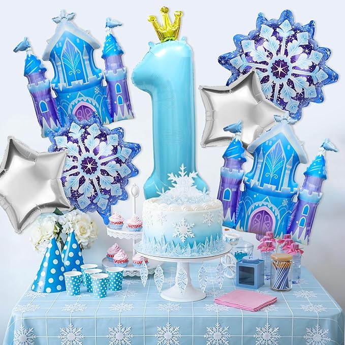 7Pcs 1st Birthday Party Decorations Balloons,Winter Snowflake Balloons Large Blue 40 Inch Number 1 Balloon Foil Star Castle Ballon for Birthday Party Favor Decor Supplies Winter Wonderland Decoration