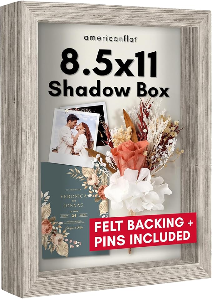 Americanflat 8.5x11 Shadow Box Frame with Shatter-Resistant Glass - Silhouette Collection - Large Shadow Box Display Case for Tabletop and Wall Display - Driftwood with Soft Felt Back