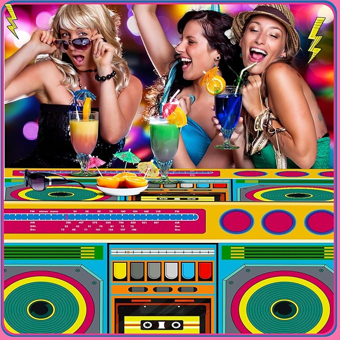 Oudain 6 FT 80s 90s Theme Tablecloth 80s Birthday Party Supplies Hip Hop Party Decoration Vintage Boom Box Tablecloth 72 x 30'' Retro Radio Table Cover Washable Fabric Polyester Rectangle Table Cover