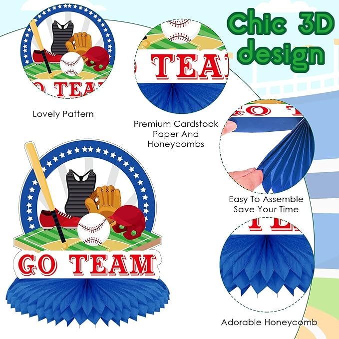 Marspark 12 Pcs Baseball Party Decoration Baseball Centerpieces Birthday Party Supplies Honeycomb Centerpieces Sports Theme Decor for Birthday Baby Shower