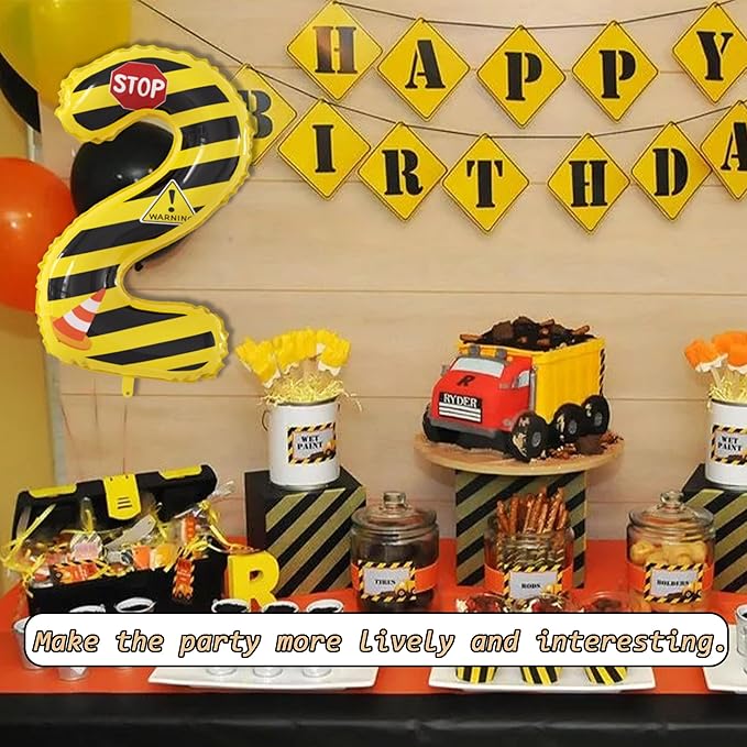 40 Inch Giant Construction Theme Number Balloons - Large Number 2 Balloons Yellow and Black Striped for Kids' Construction Birthday Anniversary Party Decorations Supplies Number 2-4 Balloon