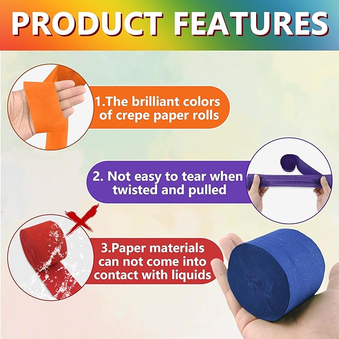 12 Rolls Crepe Paper Streamers, 12 Colors Streamers Party Supplies for Birthday Party Baby Shower Rainbow DIY Christmas Halloween Wedding Ceremony Various Large Festivals Decoration