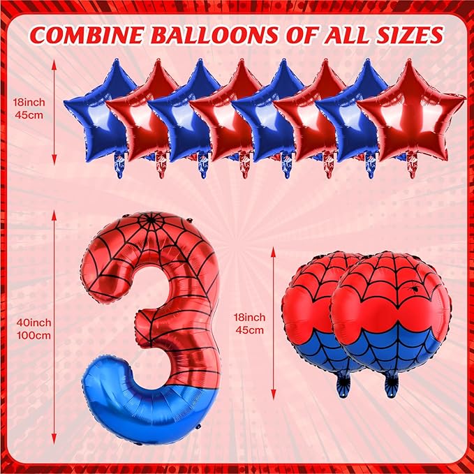 40 Inch Spider Theme Number Balloon, Number Block Foil Number 3 Balloons Large Big Numbers Helium Balloon for Girls Boys 3th Birthday Theme Party Decorations (Number 3)