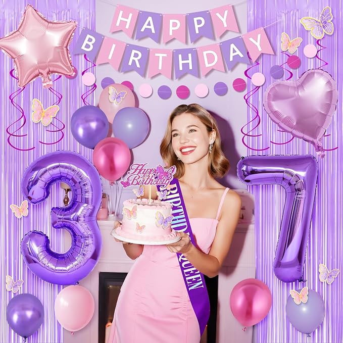 37th Purple Birthday Decorations for Women, Pink and Purple Happy 37 Birthday Party Decorations with Happy Birthday Banner, Number Foil Balloons, Butterfly Cake Topper for 37th Party Supplies