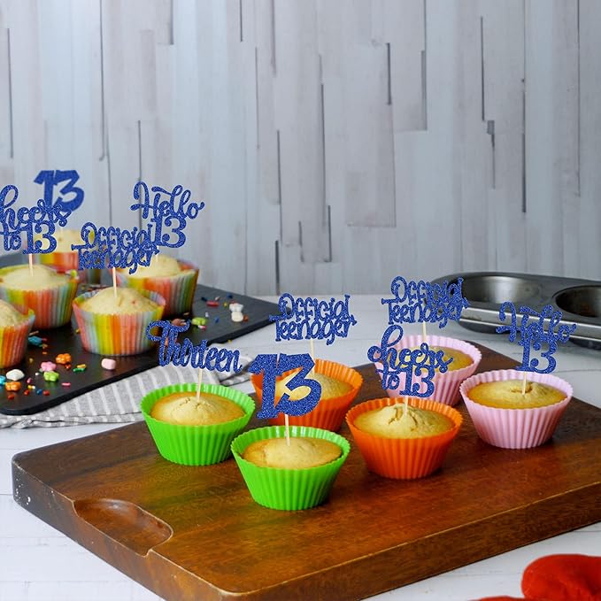 30Pcs 13th Birthday Cupcake Toppers Hello 13 Cupcake Picks Official Teenager Cheers to 13 Years Old Cake Decorations for 13th Birthday Anniversary Party Supplies Deep Blue Glitter