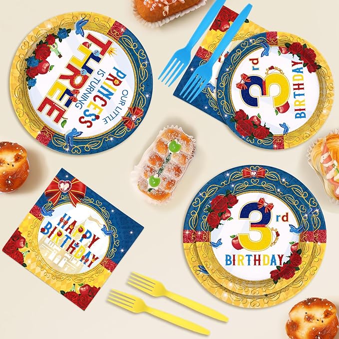 96 Pcs Snow Princess 3rd Birthday Party Supplies Cartoon Snow Plates and Napkins Red Blue Yellow Tableware Set for Girls 3rd Birthday Baby Shower Princess Theme Party Supplies, Serves 24