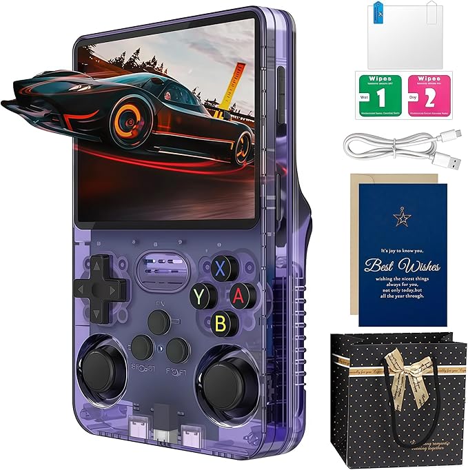 R36s Handheld Console Premium Gift Set (with Star Card & Black Gold Bag) 3.5 Inch IPS Retro with 128GB Storage,21000+ Classic Present for Adults (Purple 128g)