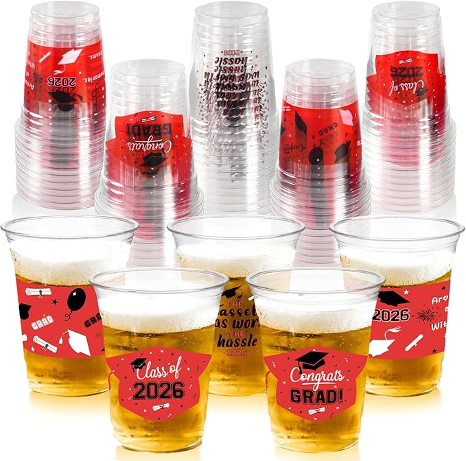 GuassLee Black and Red Graduation Decorations 2026 Party Cups - 50pcs 12 Oz Black Red White Disposable Graduation Plastic Cups for Drinks Class of 2026 Grad Party Favors Supplies