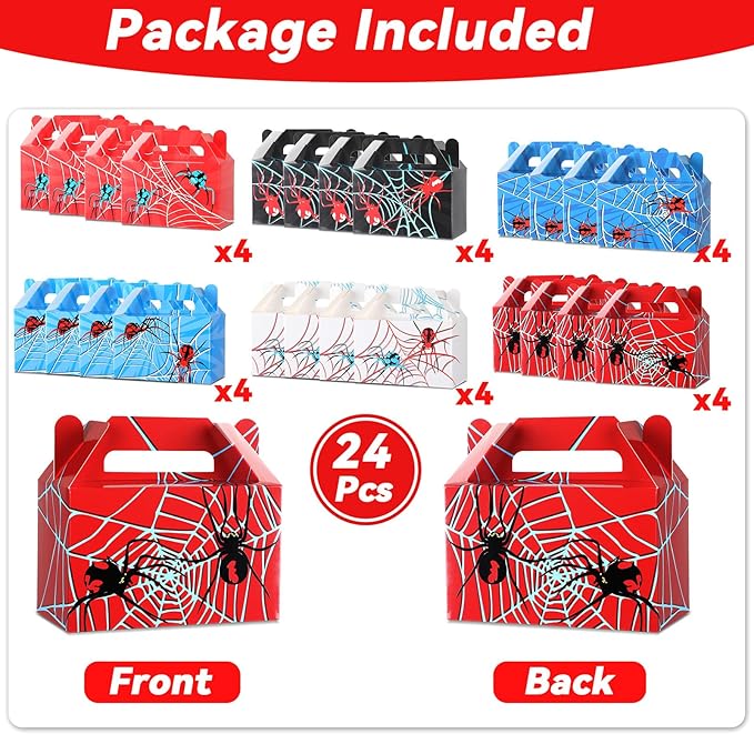 24Pcs Spider Party Favors Boxes Spider Web Paper Treat Box Birthday Supplies Red Blue Black Color Goodie Gift Boxes for Kid Boy Birthday Baby Shower Game Party Table Decoration 6 x 3.5 x 3 inches
