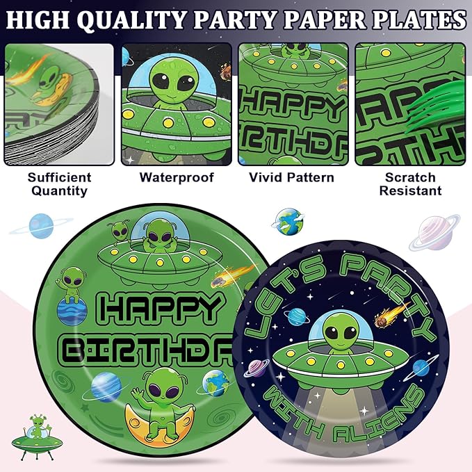 OBUSATT 96 Pcs Alien Theme Paper Plates and Napkins Outer Theme Space Birthday Party Supplies Galactic Birthday Tableware Set for Boys Girls Galaxy Party Decorations Favors for Serves 24