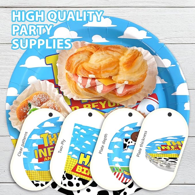96Pcs Toy Cartoon Story 3rd Birthday Decorations Cow Print Blue Sky White Cloud Plates and Napkins Disposable Toy Inspired Story Cartoon Theme Tableware Set for Boy 3rd Birthday Party Supplies Serve24
