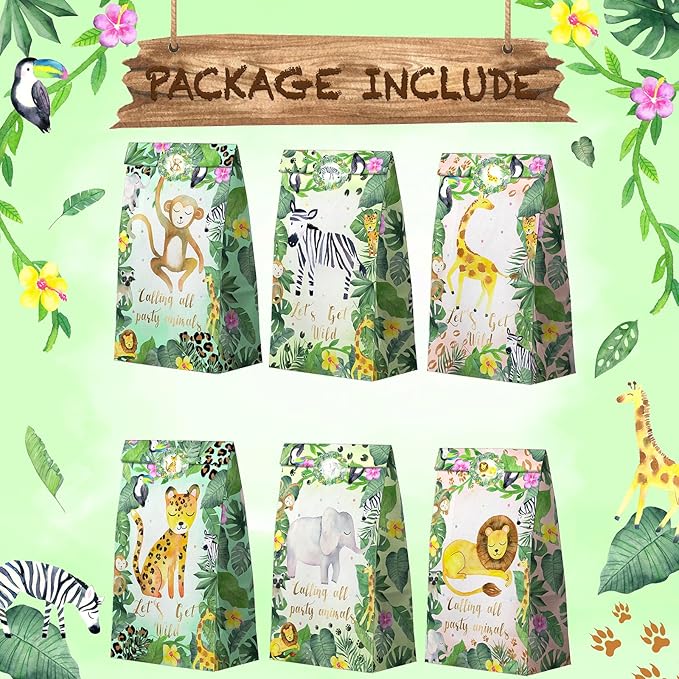 Watercolor Safari Party Favor Bags - 24 Pcs Jungle Party Candy Bags with Stickers - Jungle Goodie Gift Treat Bags - Watercolor Safari Themed Birthday Party Supplies