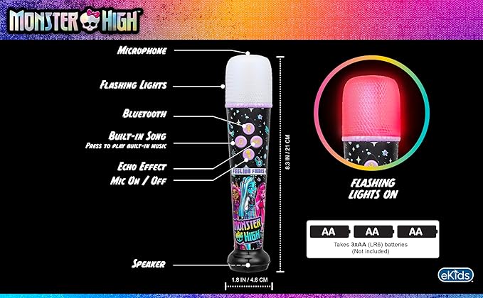 eKids Monster High Karaoke Microphone for Kids, Bluetooth Microphone Includes Built-in Music and Light Show, Designed for Fans of Monster High Toys