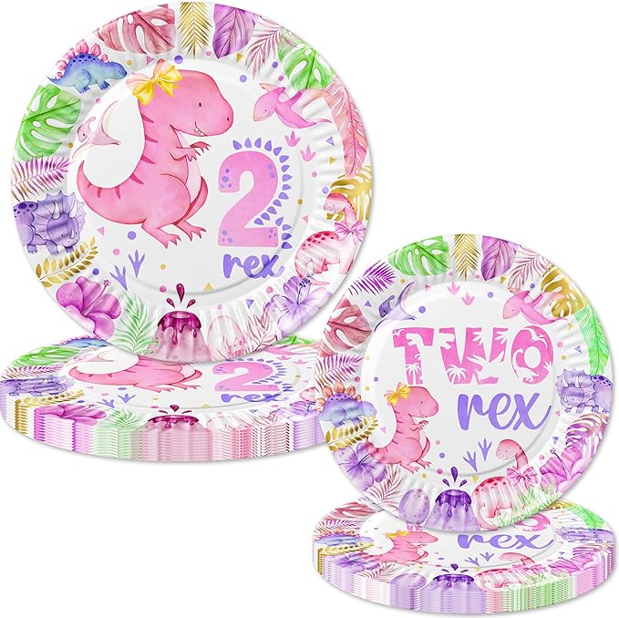 80 Pcs Watercolor Dinosaur 2nd Birthday Decorations 2 Rex Pink Dino Birthday Tableware Includes Plates, Forks, Napkins for Girls Roar I'm 2 Dinosaur Two Year Old Birthday Party Supplies Favors