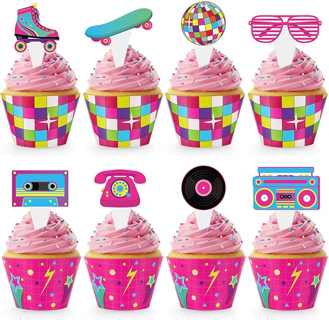 48 Pack Retro Cupcake Toppers and Wrappers, Retro Neon Party Cake Decoration for 80s 90s Theme Birthday Party Baby Shower Supplies
