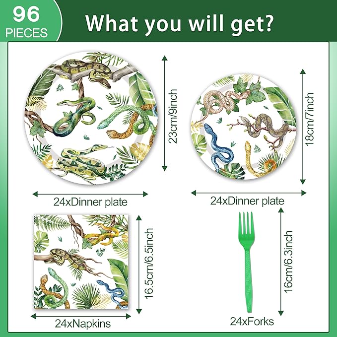 Reptile Snake Birthday Party Decorations - 96 PCS Snake Plates and Napkins Party Supplies Jungle Wildlife Wilderness Reptile Snake Disposable Tableware Set Serve 24 Guests