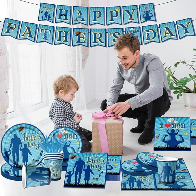 Fathers Day Decoration-Happy Fathers Day Plates and Napkins Kit Blue I Love Dad Tableware for Father Day Party Decoration