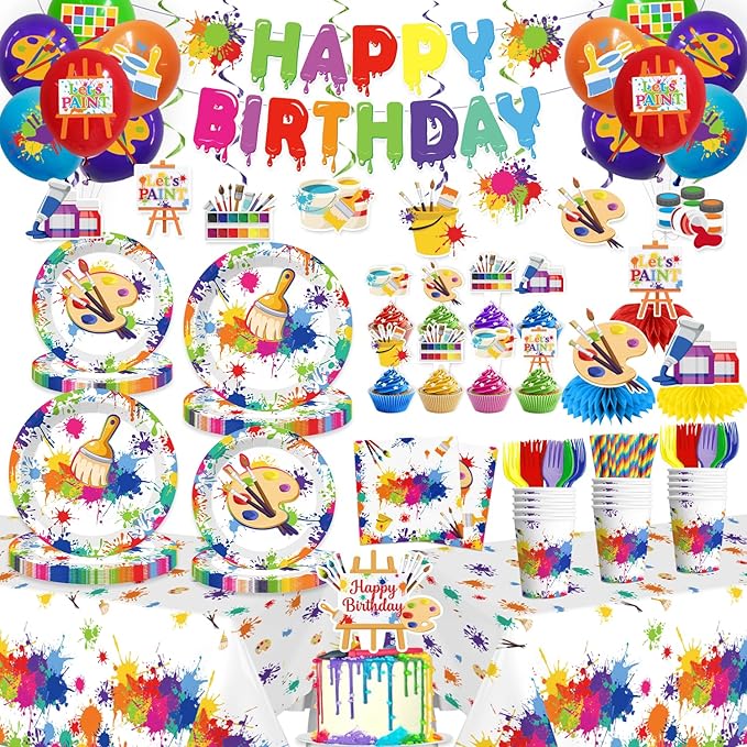 200pcs Paint Party Decorations for Kids and Art Lovers, Convenient Disposable Paper Tableware Set Includes 300gsm Plates and 2 PE Plastic Tablecloths for Paint Party and Celebration