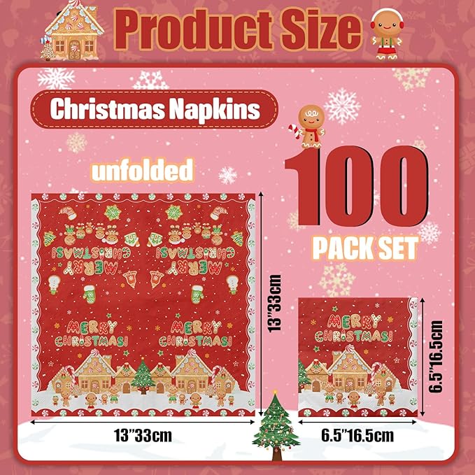 100Pcs Christmas Gingerbread Napkins, 13 x 13inch Snowflakes Xmas Luncheon Paper Napkin Red Santa Party Napkins for New Year Winter Holiday Christmas Party Supplies