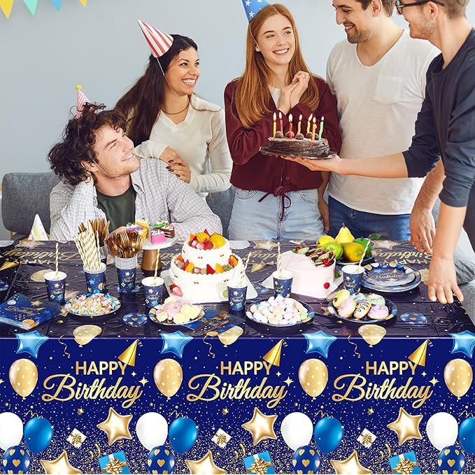 Norme 176 Pcs Navy Blue and Gold Birthday Tableware Set Birthday Decoration Includes Tablecloth Paper Plates Napkins Paper Cups Forks Knifes and Straws for 25 Guests Party Supplies (Fashion)