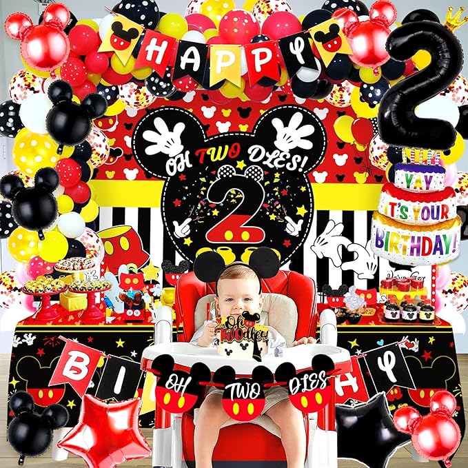 132pcs Oh Twodles Birthday Party Supplies Boy, Red Mouse 2nd Birthday Decorations Supplies, Balloons Arch Banner Backdrop Tablecover Cake Topper for Black Mouse Themed Boy 2 Years Old Birth Party