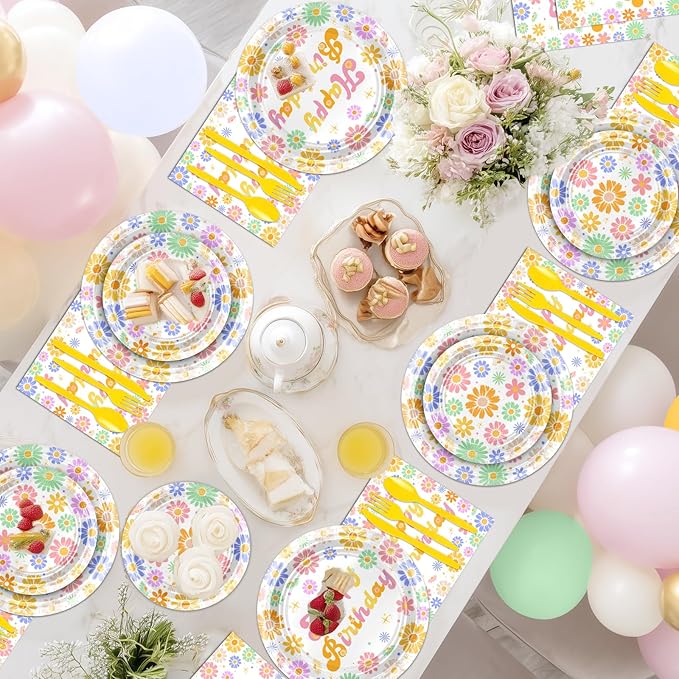 Avezano 168 PCS Daisy Birthday Party Decorations Retro Hippie Plates Napkins Tableware Set for Groovy Daisy Birthday Party Supplies, Serves 24