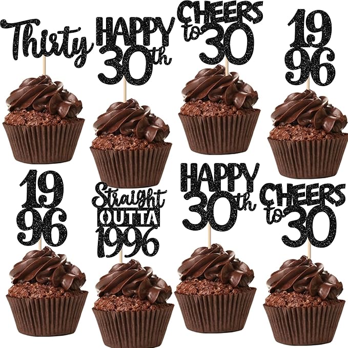 30PCS Black 30th Birthday Cupcake Toppers Glitter Thirty Happy 30th Straight Outta 1996 Cupcake Picks for Cheers to 30 Years 30th Birthday Wedding Anniversary Party Decoration Supplies
