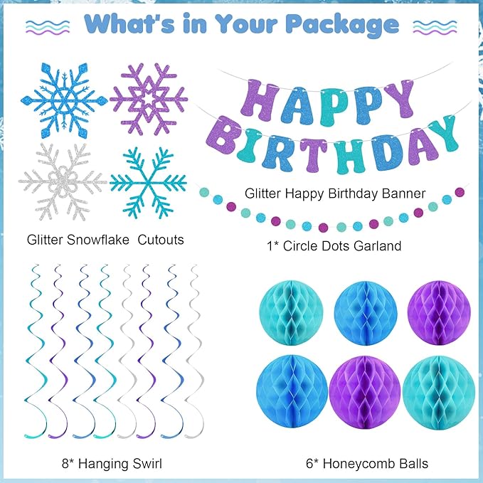 Amandir Snowflake Birthday Decorations for Girls, Glitter Happy Birthday Banner with Honeycomb Balls, Snowflake Hanging Swirls Streamers, Circle Dots Garland, Princess Winter Wonderland Party Supplies