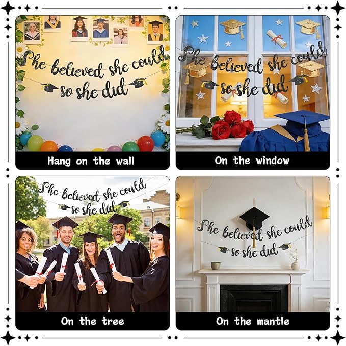 She Believed She Could So She Did Banner - Pre-Strung Glitter Graduation Decorations 2026 for Women Girls, Inspirational Grad Party Supplies, Class of 2026 College High School Masters PhD Decor (Black)
