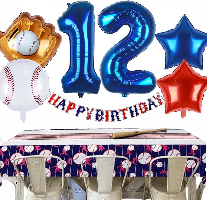 Baseball Balloons 12th Birthday Decorations for Boys | Baseball Birthday Decoration Sports Theme Party Supplies, 32Inch Foil Mylar Number 12 Balloon Navy Blue Red White Sports Balloon Arch Kits