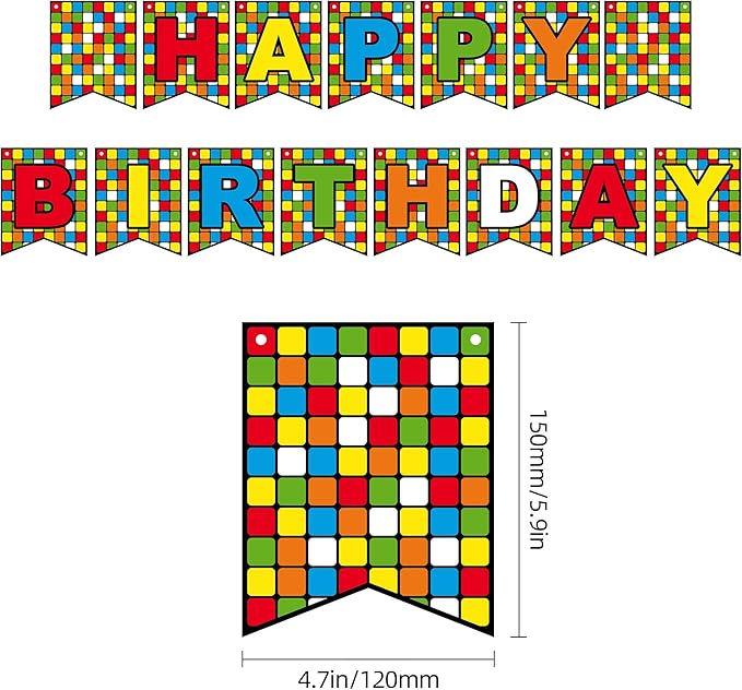 Colorful Cube Birthday Banner Plaid Block Puzzle Game Themed Decor with Colorful Letters for Kids Boys Girls Birthday Party Baby Shower Favors Decorations Supplies BECKTEN