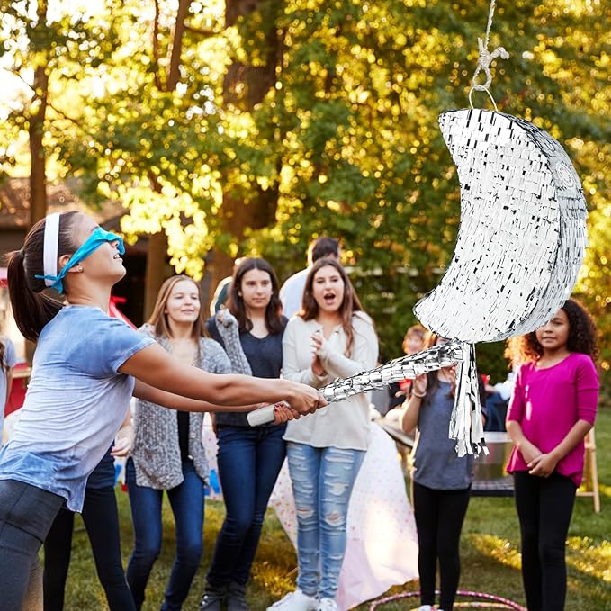 Silver Foil Moon Pinata with Stick and Blindfold Pull String Moon Pinata for Kids Birthday Party Decorations Baby Shower Gender Reveal Party Supplies