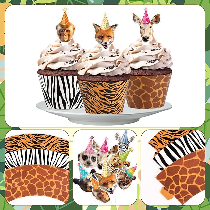 Hxezoc 48 Pack Safari Animals Party Cupcake Toppers and Wrappers, Jungle Animal Cake Decoration for Wild Theme Birthday Parties