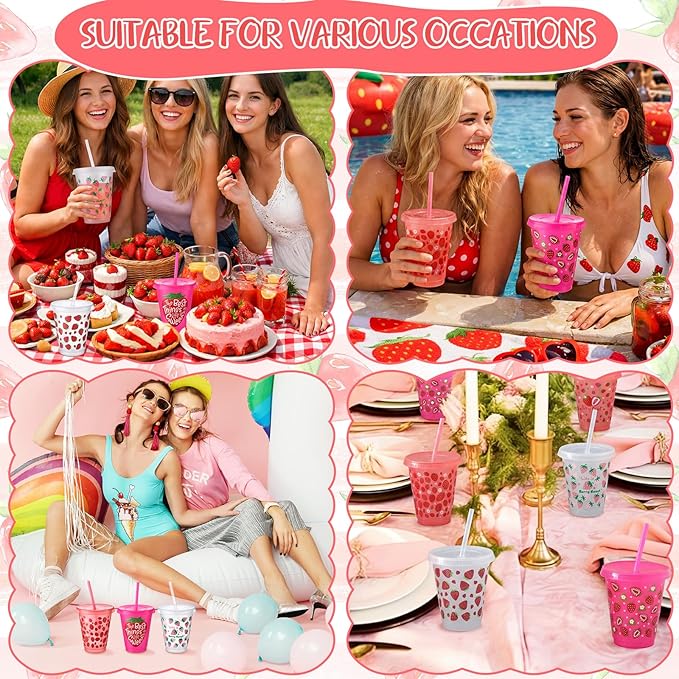 Sieral 30 Pcs Strawberry Cups with Straws and Lids 16 oz Cute Strawberry Cups Pink Clear Plastic Tumblers Reusable Iced Coffee Travel Mug for Sport Theme Party Supplies Decorations