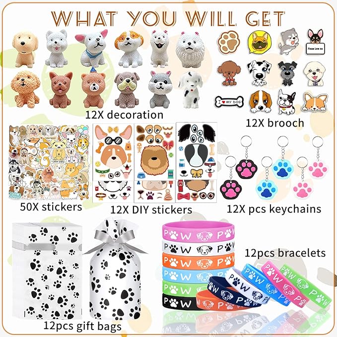 122Pcs Dog Party Favors Gift Set for Kids Dogs Birthday Party Supplies Include 12 Dogs DIY Face Stickers 12 Dogs Bags 12 Keychains 12 Bracelets 50 Stickers for Puppy Parties Favors