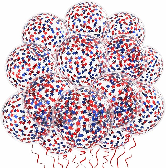 VHUWE 25 Pcs Blue Red Star Confetti Balloons, 12 Inch Clear Latex Balloon with Confetti Inside for 4th of July Decorations Birthday Party Baby Shower Graduation Engagement Decorations Supplies