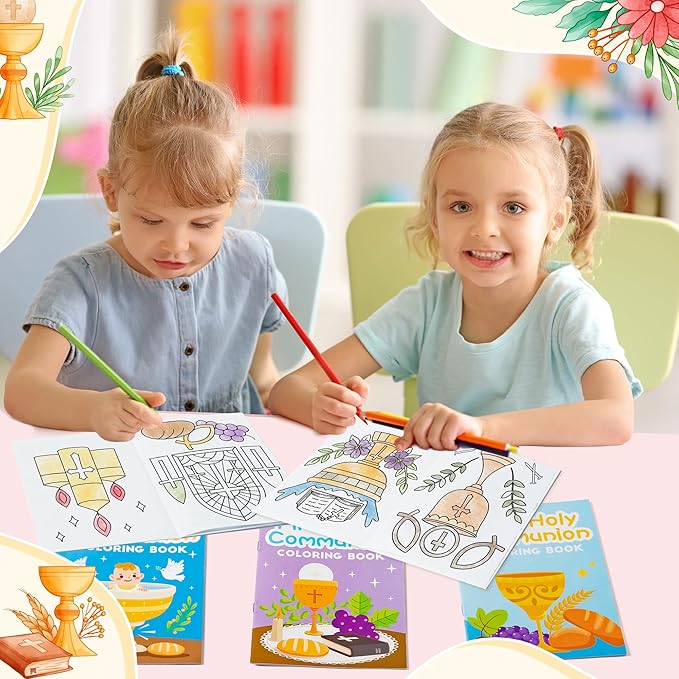 First Holy Communion Coloring Books for Kids - 24Pcs Bulk First Holy Communion Mini Coloring Booklet DIY Art Drawing Book for Toddlers Holiday Party Goodie Bags Stuffers Sunday School Classroom Favors