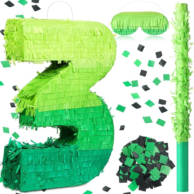 Number Piñata Decorations 16 Inch Gradient Green Piñata with Blindfold Stick and Confetti for Birthday Baby Shower Safari Jungle Themed Party Supplies Centerpiece(Number 3)