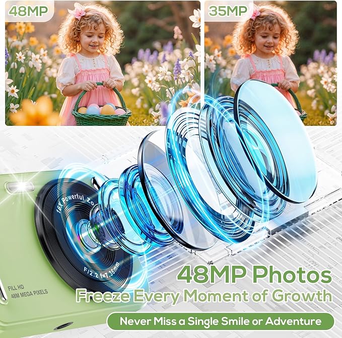 Digital Camera for Kids, WITYEAH 48MP FHD 1080P Point and Shoot Digital Cameras with 16X Zoom Anti-Shake, Compact Portable Cameras for Photography, for Boys Girls Teens Beginners,Green