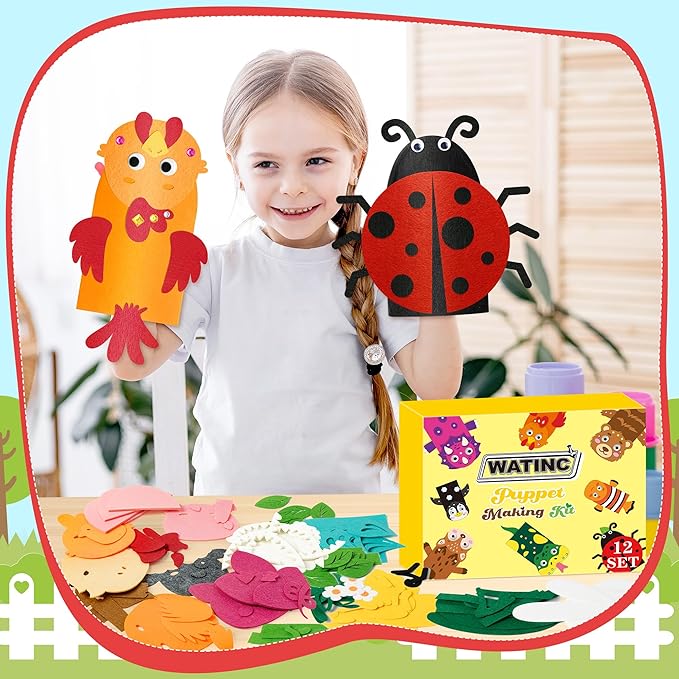 WATINC 12Pcs Hand Puppet Making Kit, Art Craft Felt Sock Puppet Toys, Creative DIY Make Your Own Pompoms Wiggle Googly Eyes Storytelling Role Play Party Supplies Gift for Girls Boys (Insect A Farm A)
