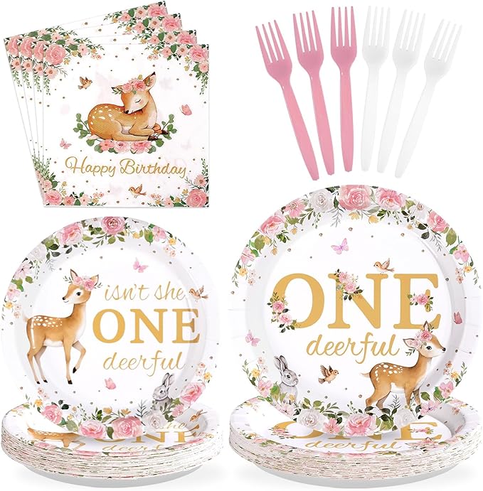 96Pcs Pink Deer Girl 1st Birthday Party Supplies Isn't She Onedeerful Plates and Napkins Pink Floral Deer Tableware Set for One Year Girl Floral 1st Birthday Baby Shower Party Supplies，Serves 24