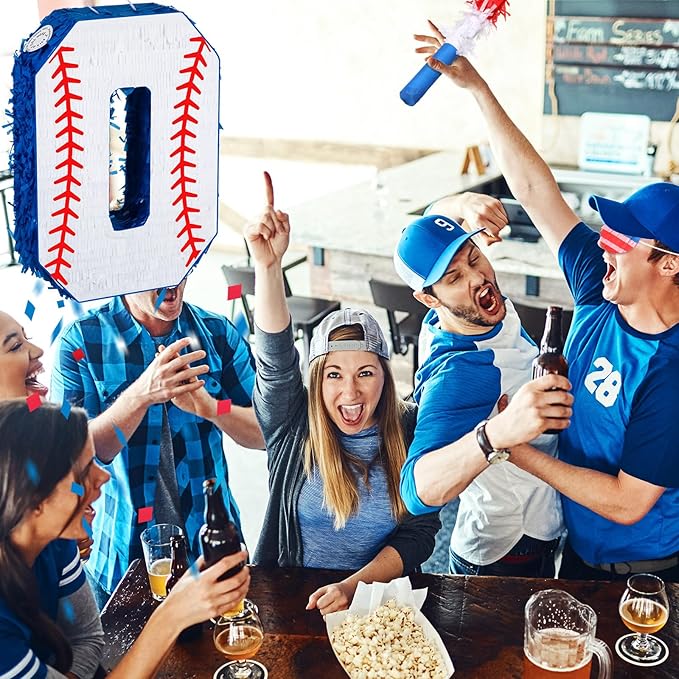 HyDren Baseball Piñata Baseball Party Decorations Number Piñata with Bat, Blindfold and Confetti, 16 Inch Sports Themed Birthday Party Supplies for Celebration Events(Number 0)