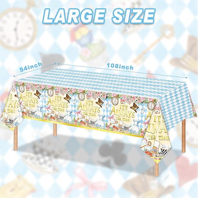 3PCS Wonderland Themed for Girls Kids Baby Shower 1st 2nd Birthday Party Decorations Tea Party Table Cover Table Cloth -54x108in