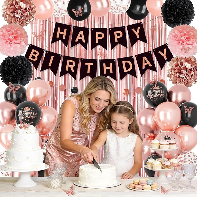 Rose Gold and Black Birthday Decorations for Women Girls, Pearl Rose Gold Black Metallic Printed Balloons Butterfly Stickers Fringe Curtain Happy Birthday Banner Circle Dot Paper Pompom Party Supplies
