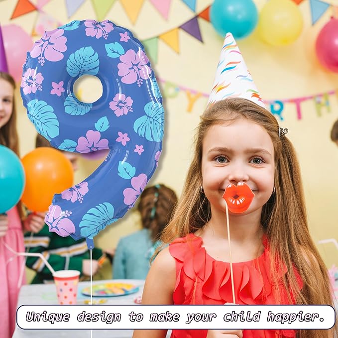 40 Inch Number 9 Balloon Leaf and Flower Birthday，9th Birthday Decorations for Kids' Parties Hawaii Party Supplies Favor Pink and Blue