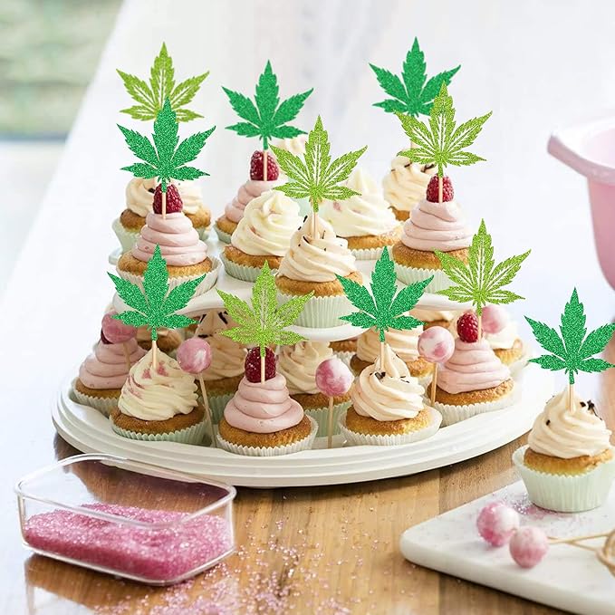 Ercadio 24 Pcs Green Glitter Marijuana Cupcake Toppers Have a Dope Birthday Cake Topper Cake Decorations for Men Women Marijuana Them Party Supplies