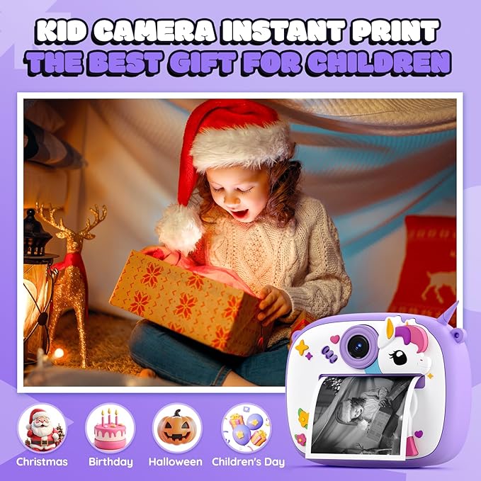 Kids Camera Instant Print, Kids Digital Camera with Photo Printing, Print Paper & 32GB Card, Kids Print Camera Birthday Gifts for Girls Boys 3 4 5 6 7 8 9 10 Year Old