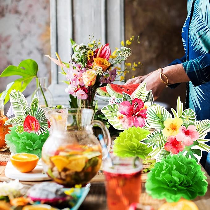 Hotop 9 Pcs Hawaii Luau Party Decorations Honeycomb Centerpieces, Aloha Tropical Theme Table Decorations Tiki Centerpieces for Hawaii Luau Table Decor Tiki Tropical Centerpiece Party Supplies